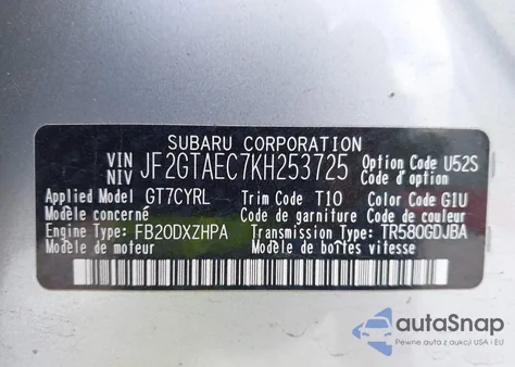 2019 Subaru Crosstrek 2.0I Premium z USA, uszkodzony, nr VIN JF2GTAEC7KH253725